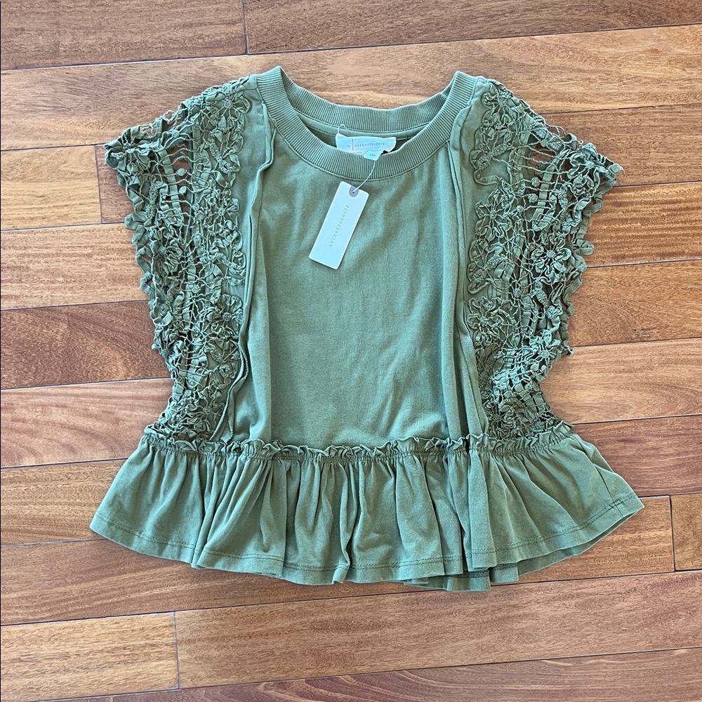 Anthropologie Olive Green Knit Lace Detail Top XXS